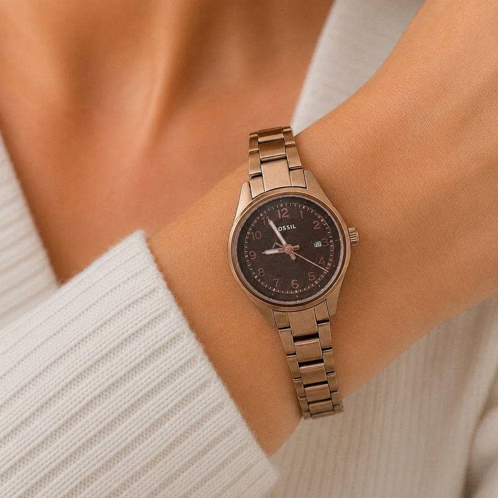 Fossil Flight Mini Womens Watch Bronze Stainless Steel Brown Dial Date AM-4366